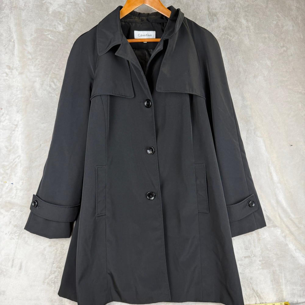 Calvin Klein Womens Black Trench Coat Button Front Storm Flap Jacket XL